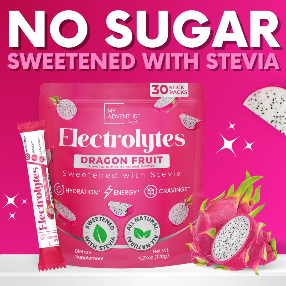My Adventure to Fit Zero Sugar Dragon Fruit Electrolytes Sticks on kitchen counter.