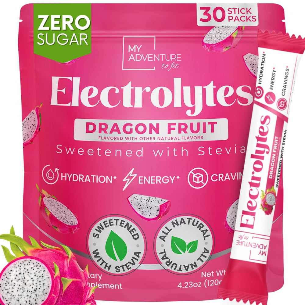 My Adventure to Fit Zero Sugar Dragon Fruit Electrolytes Sticks pack shot for on-the-go hydration.