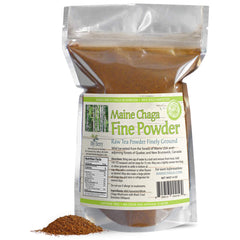 My Berry Maine Chaga Fine Powder raw chaga crystals close-up for steeping