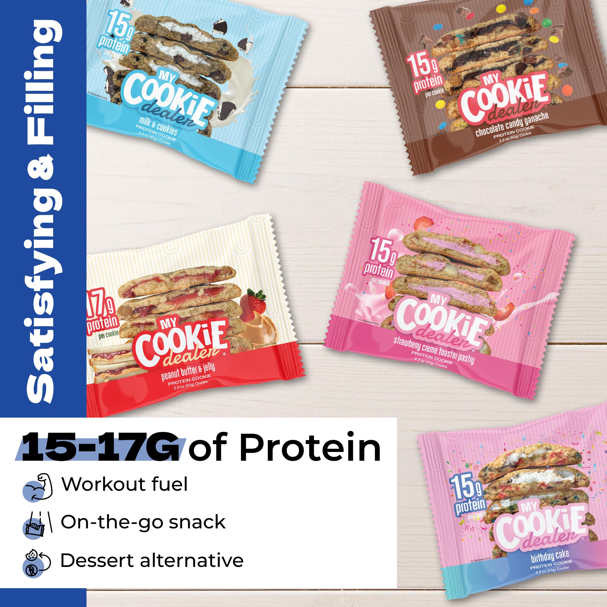 Nutrition details highlight 15-17g protein per cookie.