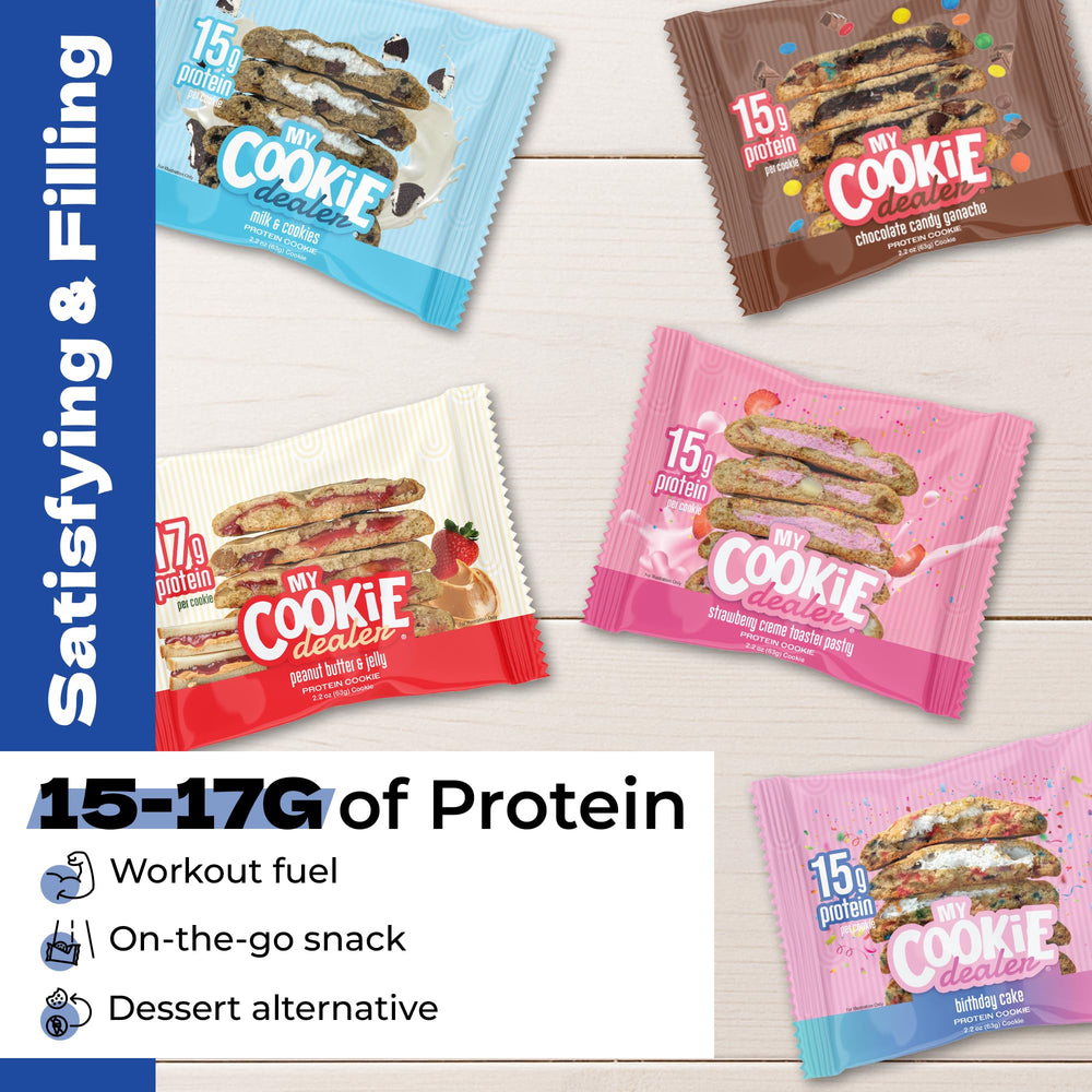 Nutrition details highlight 15-17g protein per cookie.