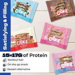 Nutrition details highlight 15-17g protein per cookie.