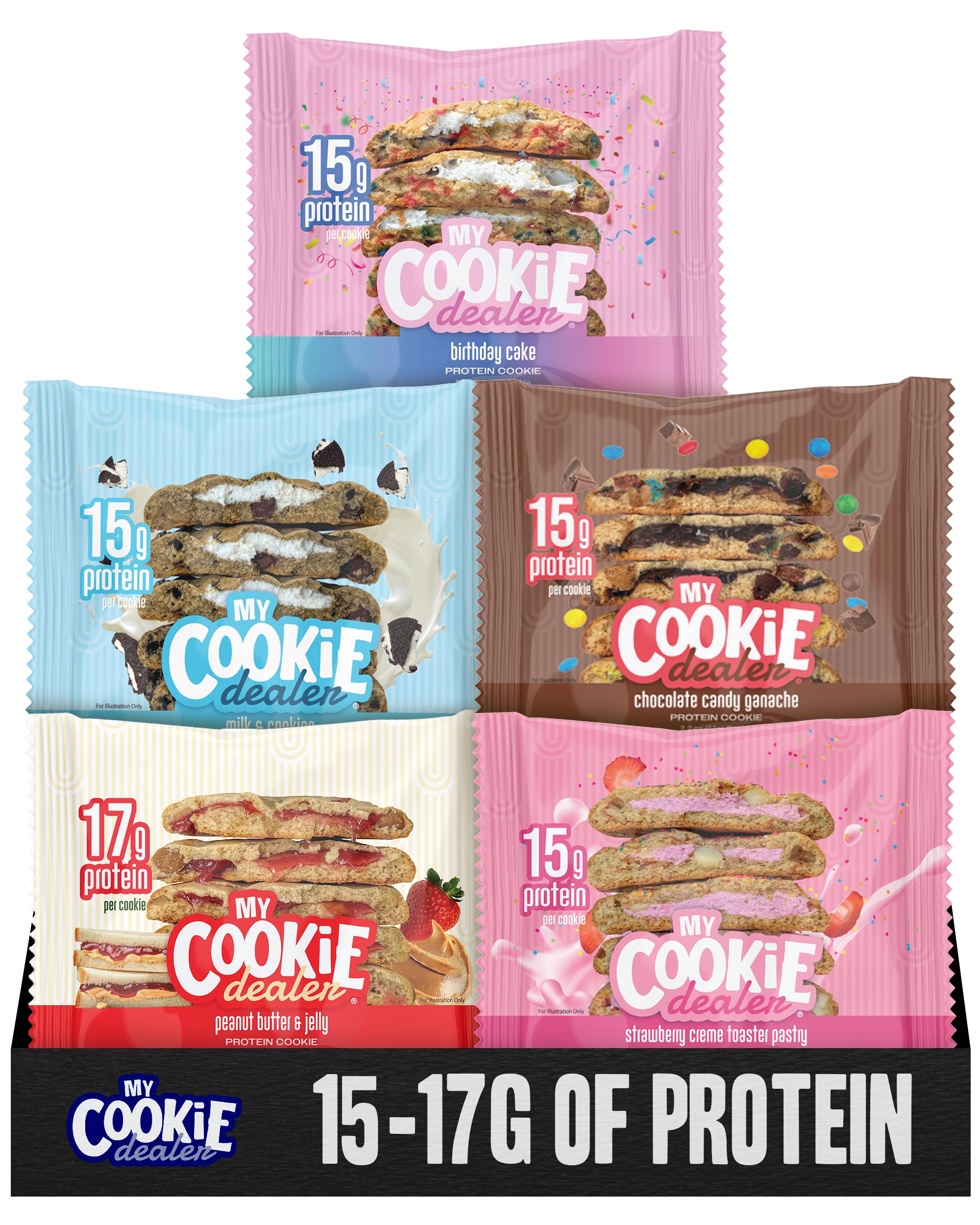 My Cookie Dealer protein cookies variety-pack packaging for travel snacking.