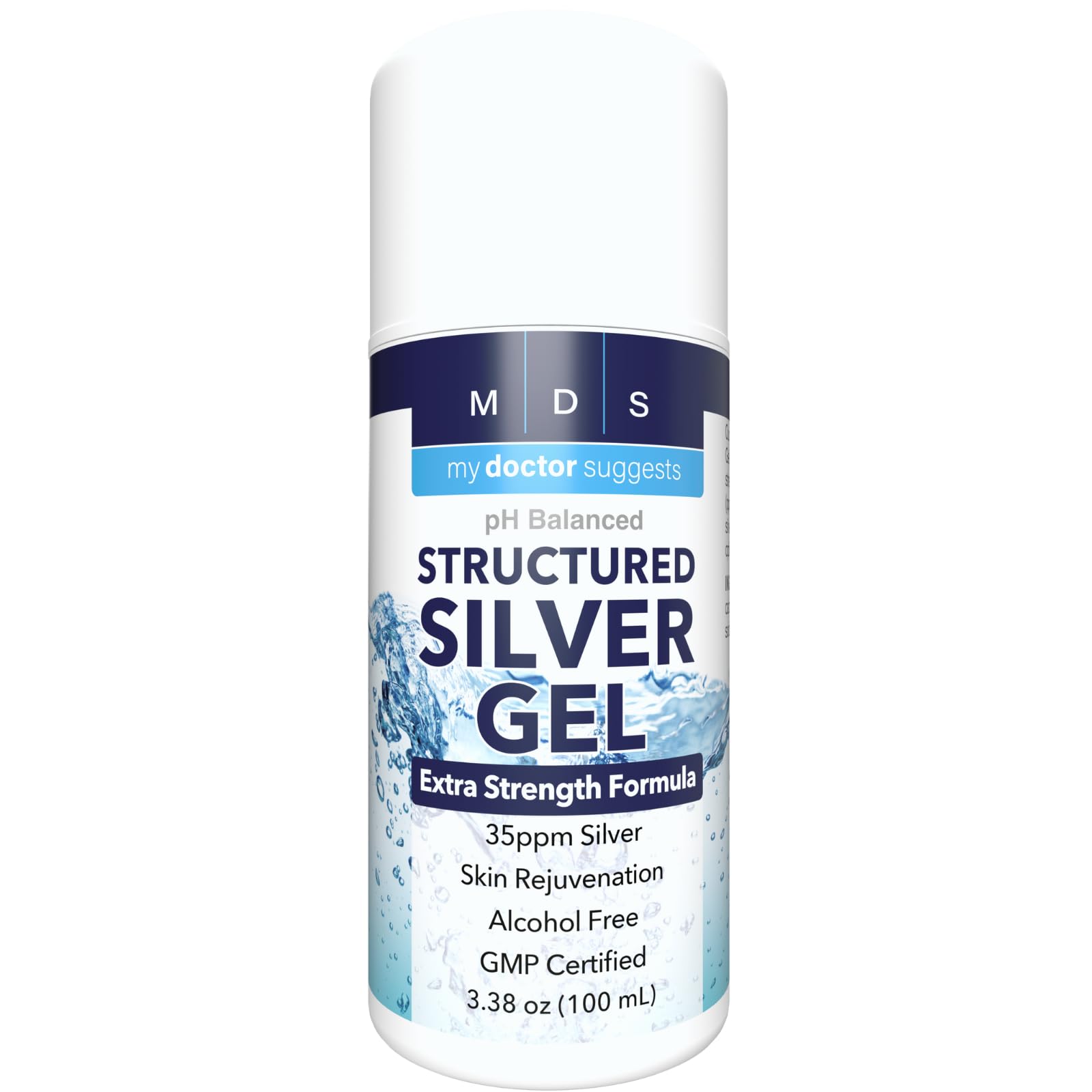My Doctor Suggests structured colloidal silver gel bottle showing the 35ppm formula for soothing relief.