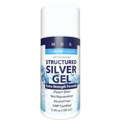My Doctor Suggests structured colloidal silver gel bottle showing the 35ppm formula for soothing relief.