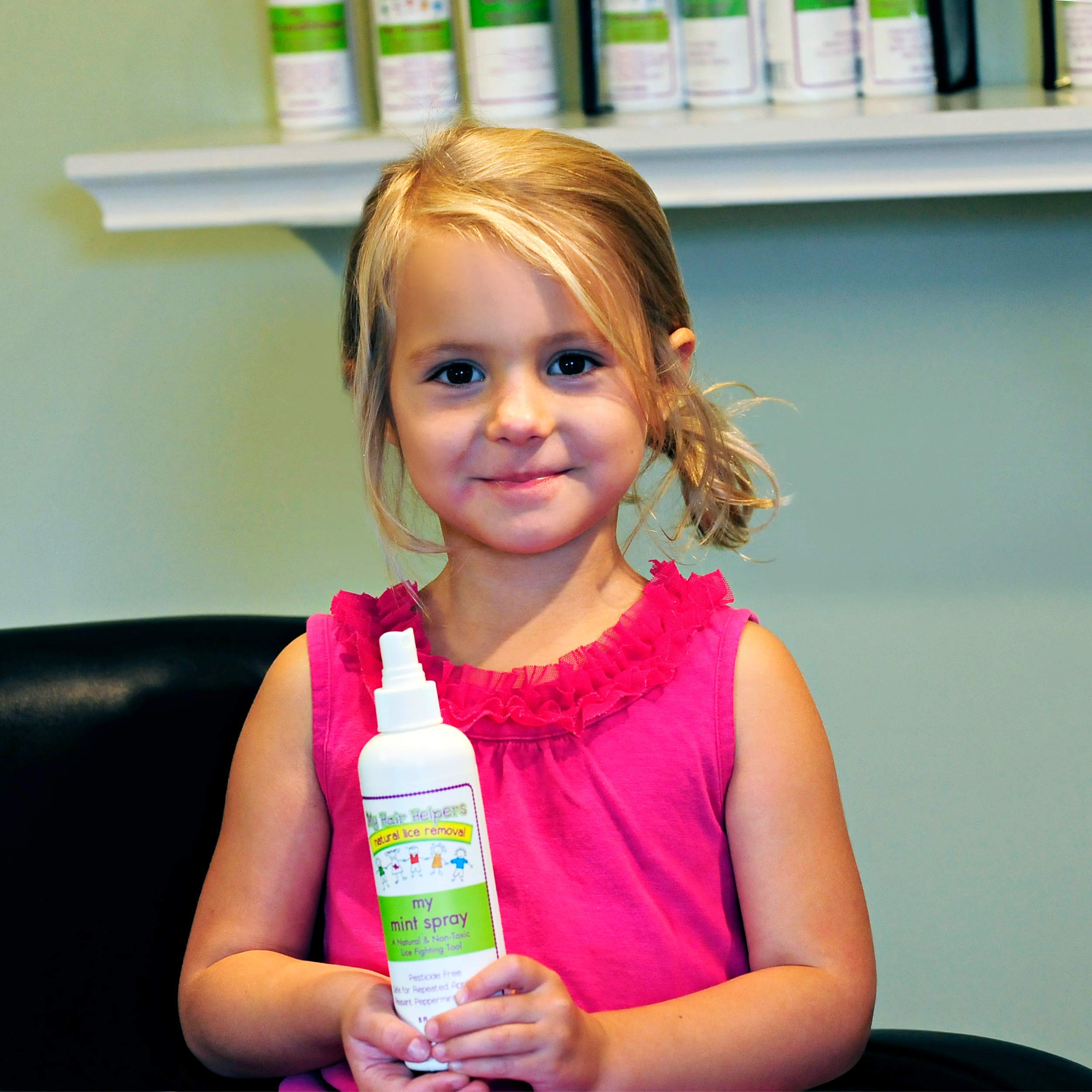 Bathroom counter setup with MY HAIR HELPERS Mint Lice Prevention Spray