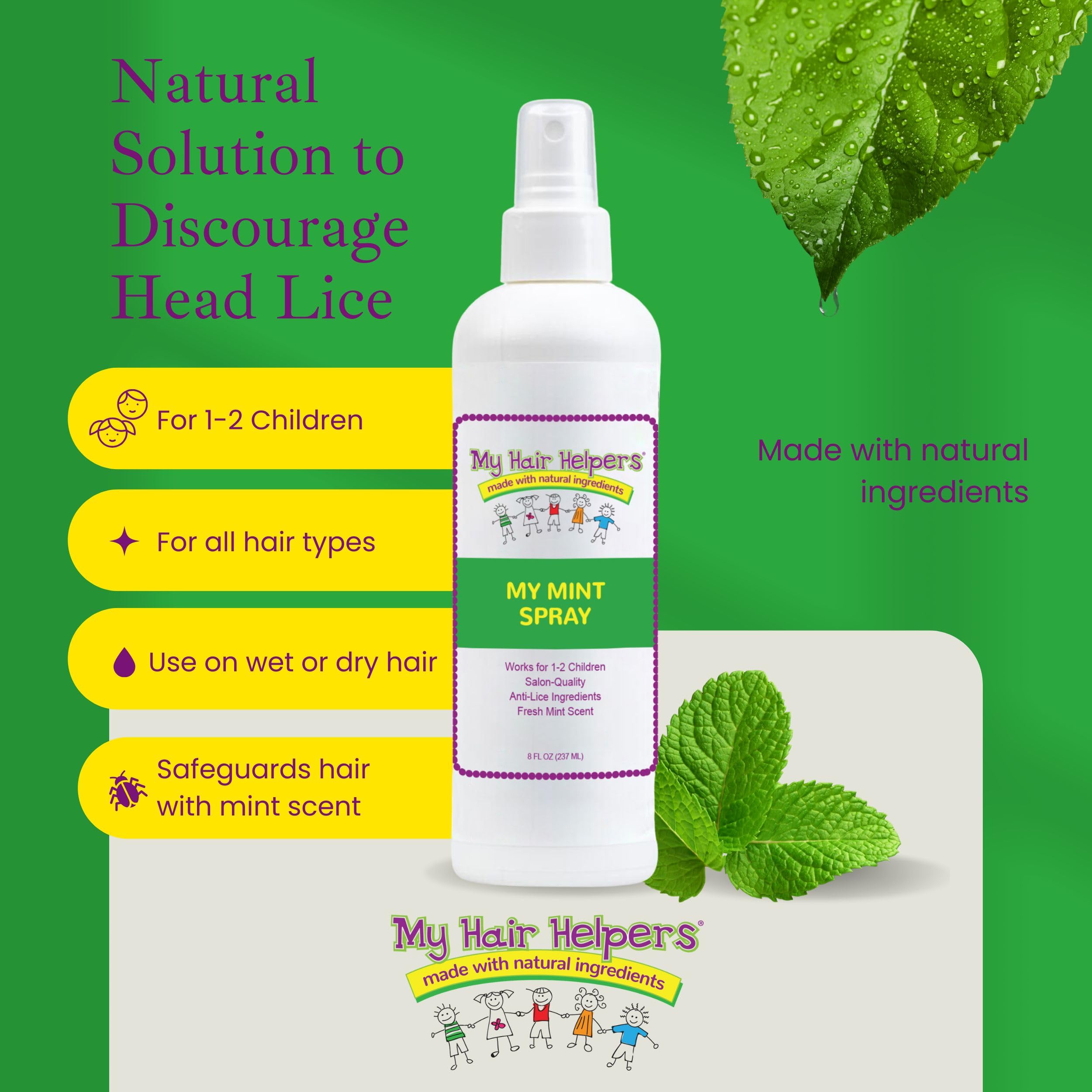Kids' hair routine with MY HAIR HELPERS Mint Lice Prevention Spray during morning routine