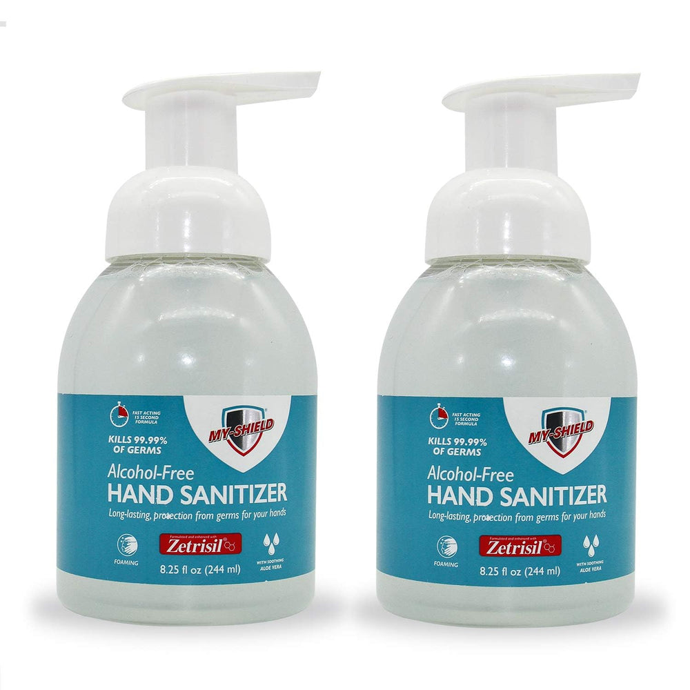 My-Shield Hand Sanitizer Foam bottle front showing alcohol-free formula with Aloe hydration