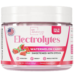My Adventure to Fit Watermelon Electrolytes packet beside a sports bottle for on-the-go hydration.