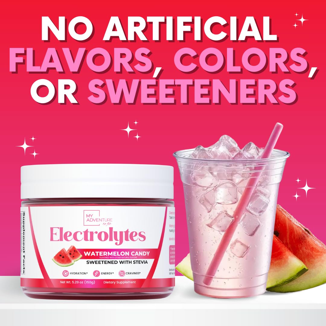 My Adventure to Fit Watermelon Electrolytes powder shown with the sugar-free label and fresh fruit.