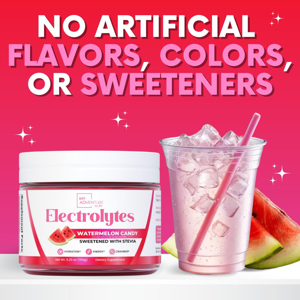 My Adventure to Fit Watermelon Electrolytes powder shown with the sugar-free label and fresh fruit.