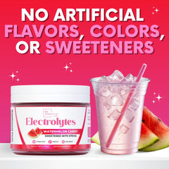 My Adventure to Fit Watermelon Electrolytes powder shown with the sugar-free label and fresh fruit.