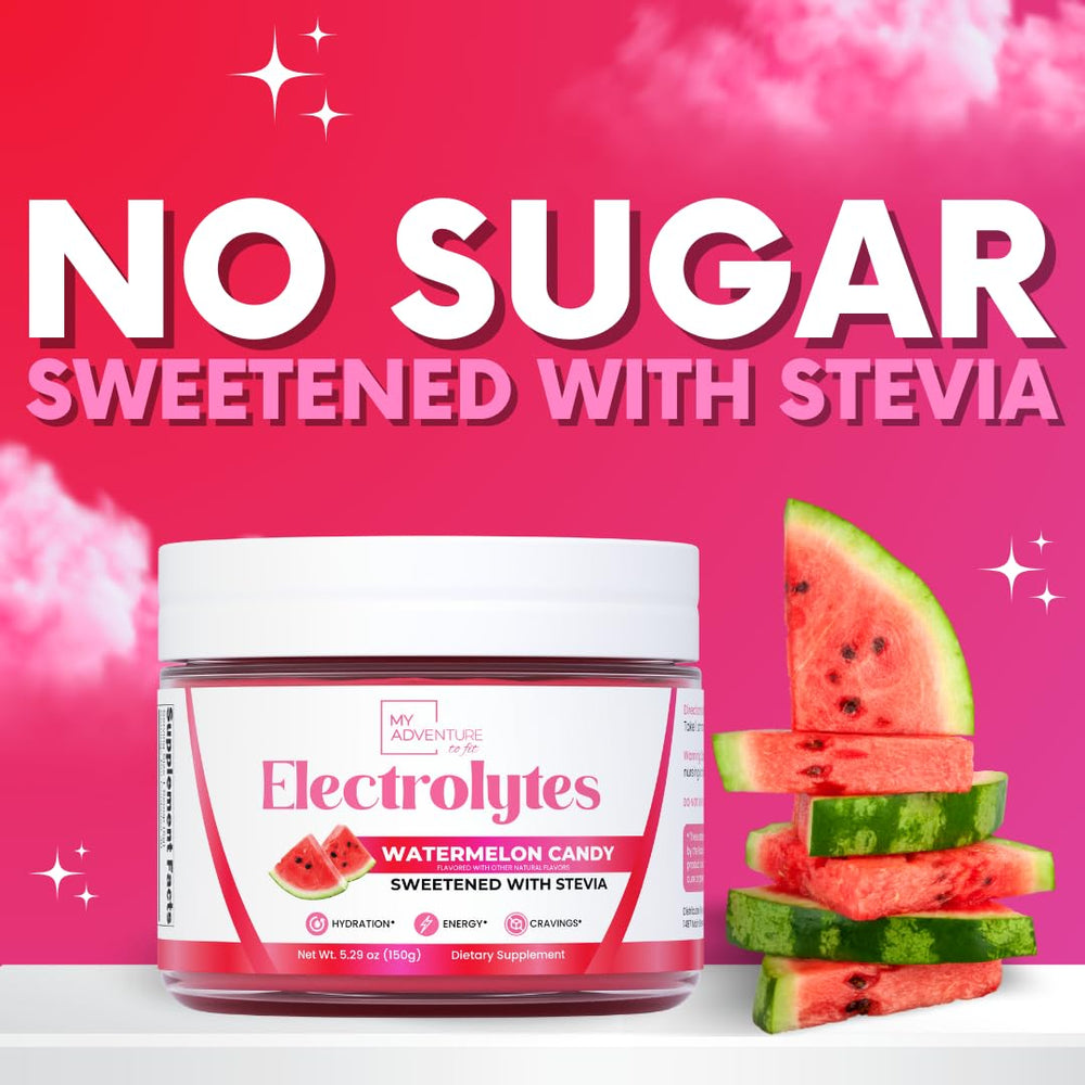 My Adventure to Fit Watermelon Electrolytes label highlighting sugar-free formulation.