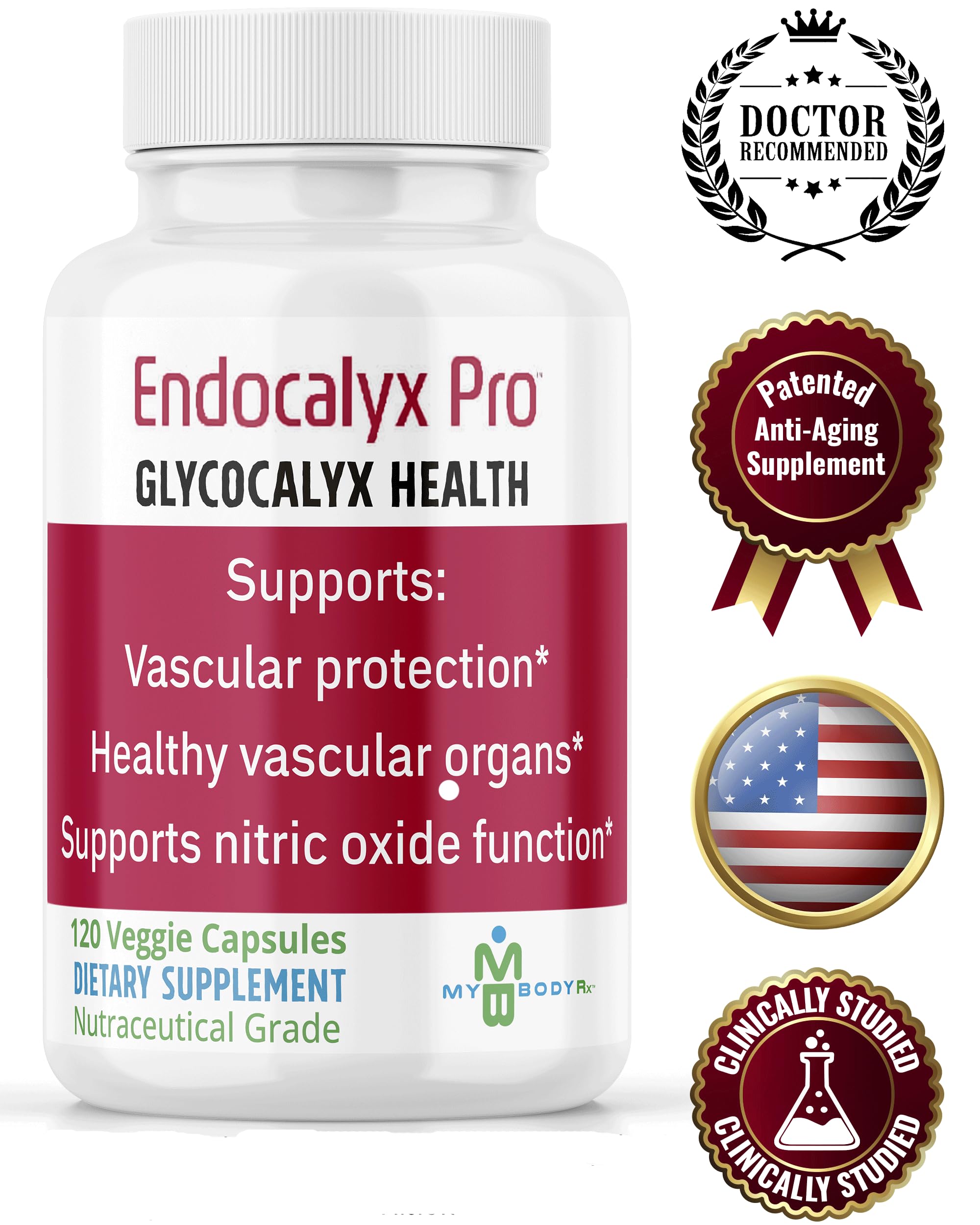 MYBODYRX Endocalyx Pro capsules closeup showing veggie capsules for endothelial support