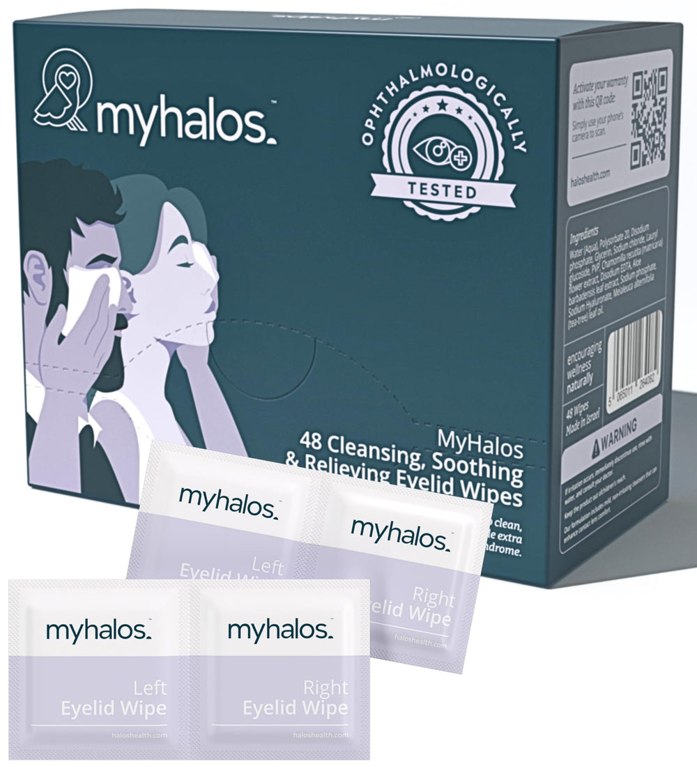 MyHalos 48 Hydrating Eyelid Wipes pack for on-the-go dryness relief.