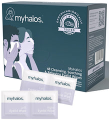 MyHalos 48 Hydrating Eyelid Wipes pack for on-the-go dryness relief.
