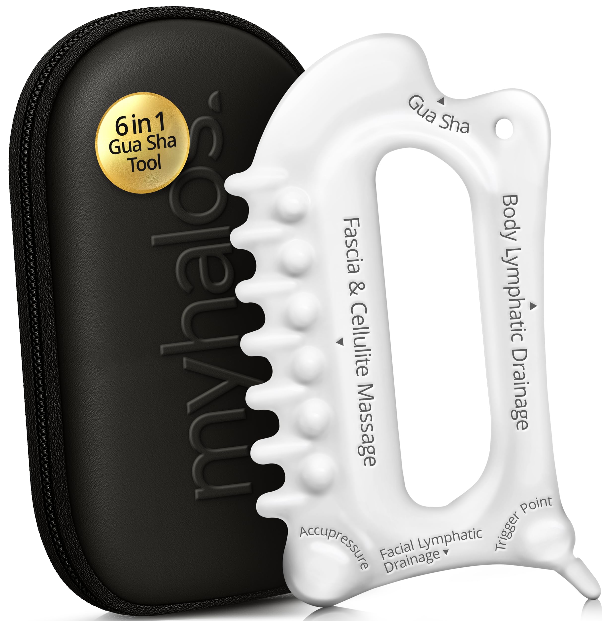 MyHalos 6-in-1 ceramic Gua Sha tool for full-body massage and lymphatic support.
