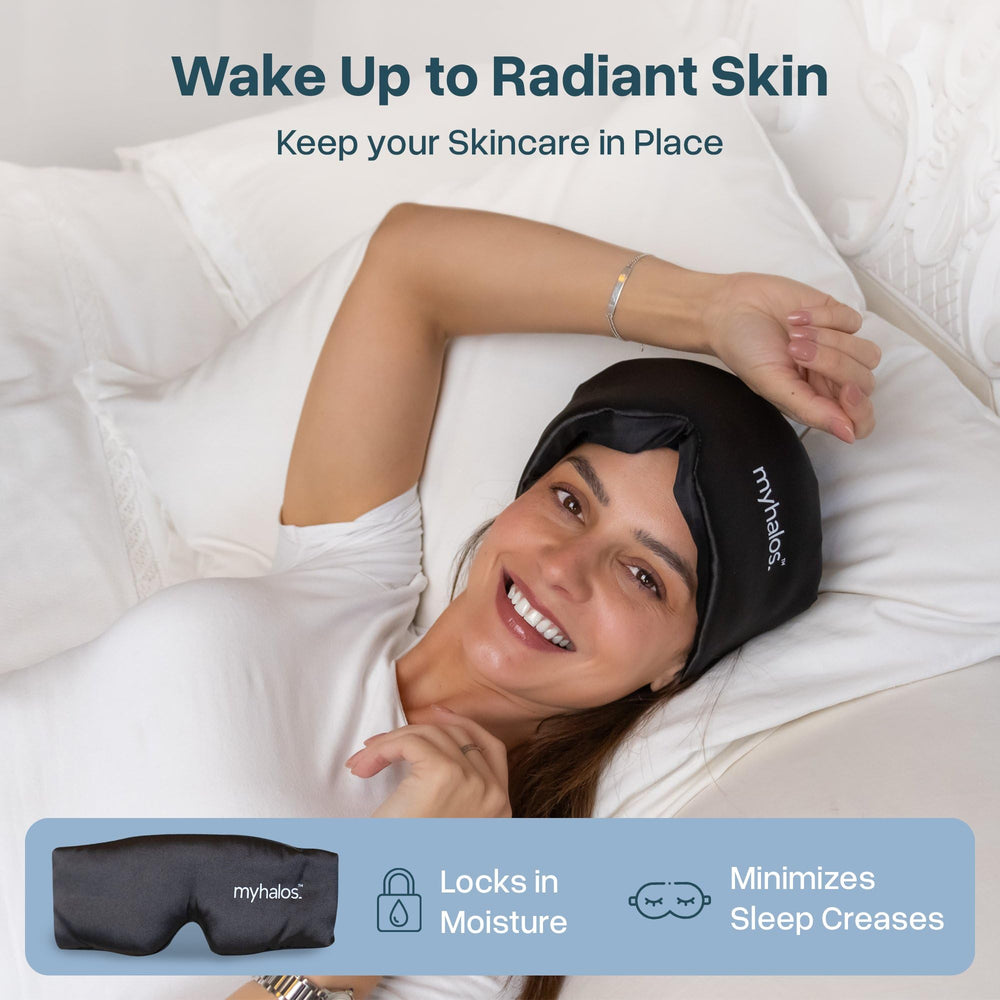 MyHalos luxury silk sleep mask protects lashes and skin.