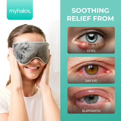 MyHalos steam warm compress worn provides gentle moisture for soothing tired eyes.