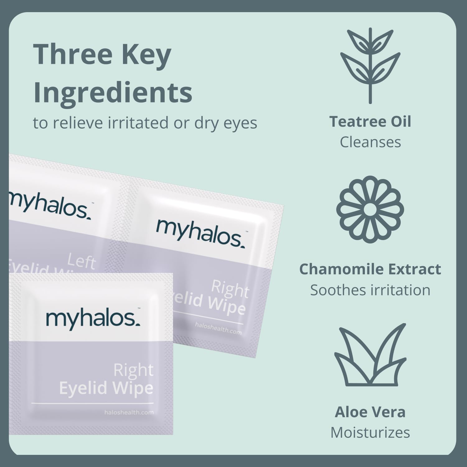 MyHalos tea tree chamomile formula ingredients close-up for gentle eyelid care.