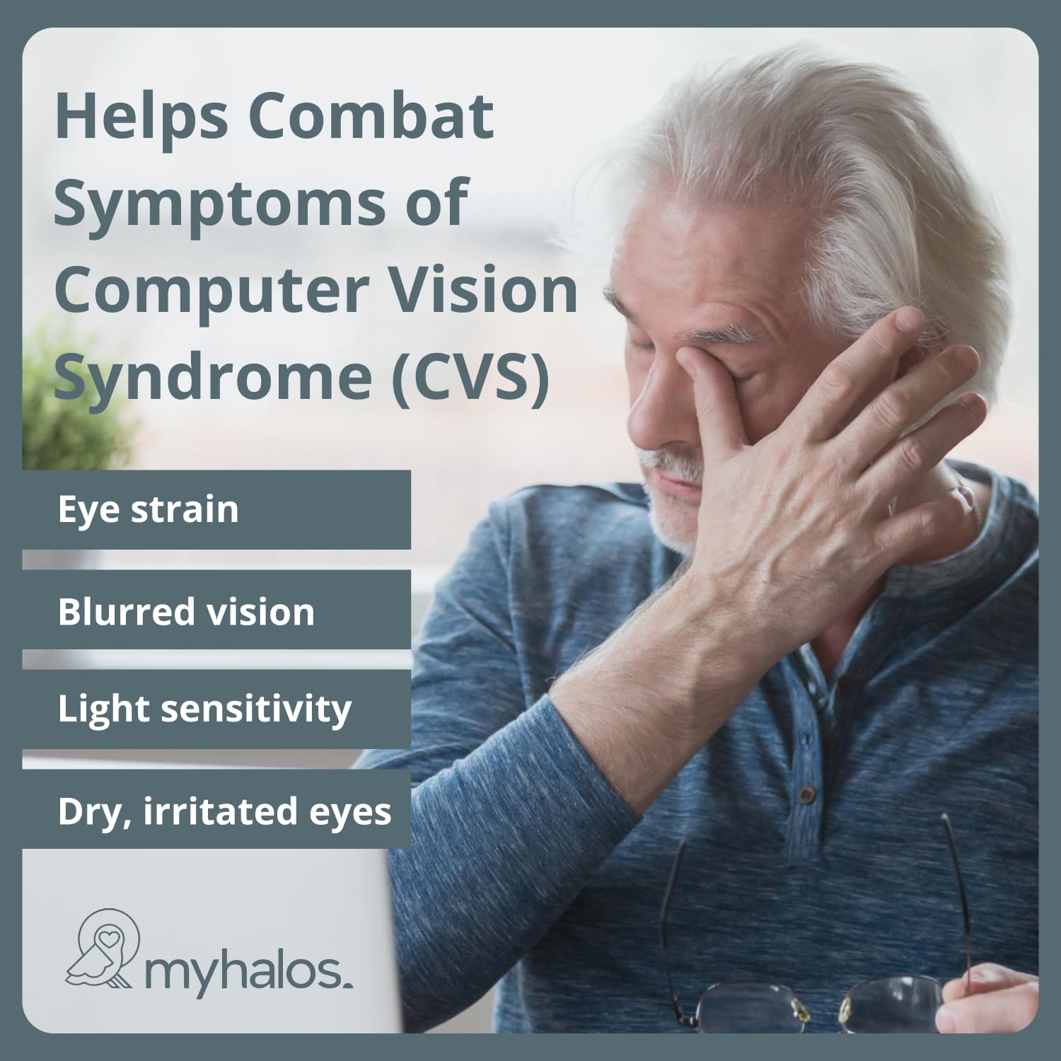 MyHalos wipes at a desk addressing computer eye strain during work.