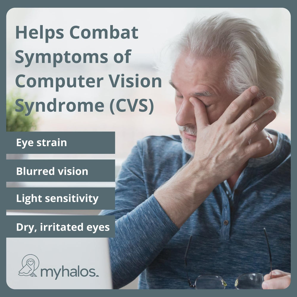 MyHalos wipes at a desk addressing computer eye strain during work.