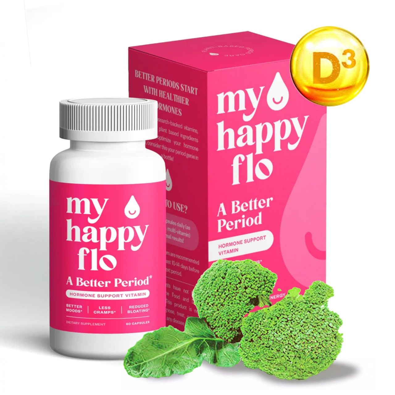 My Happy Flo PMS Support bottle and capsules on a clean surface.