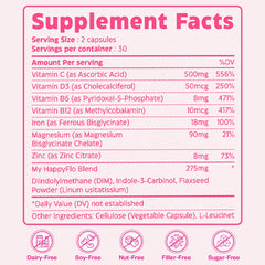 Ingredient panel featuring Vitamin D3, Iron, and I3C from My Happy Flo.