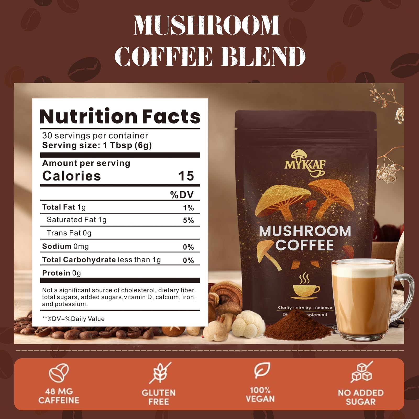 MYKAF steaming coffee cup showing creamy Arabica aroma.