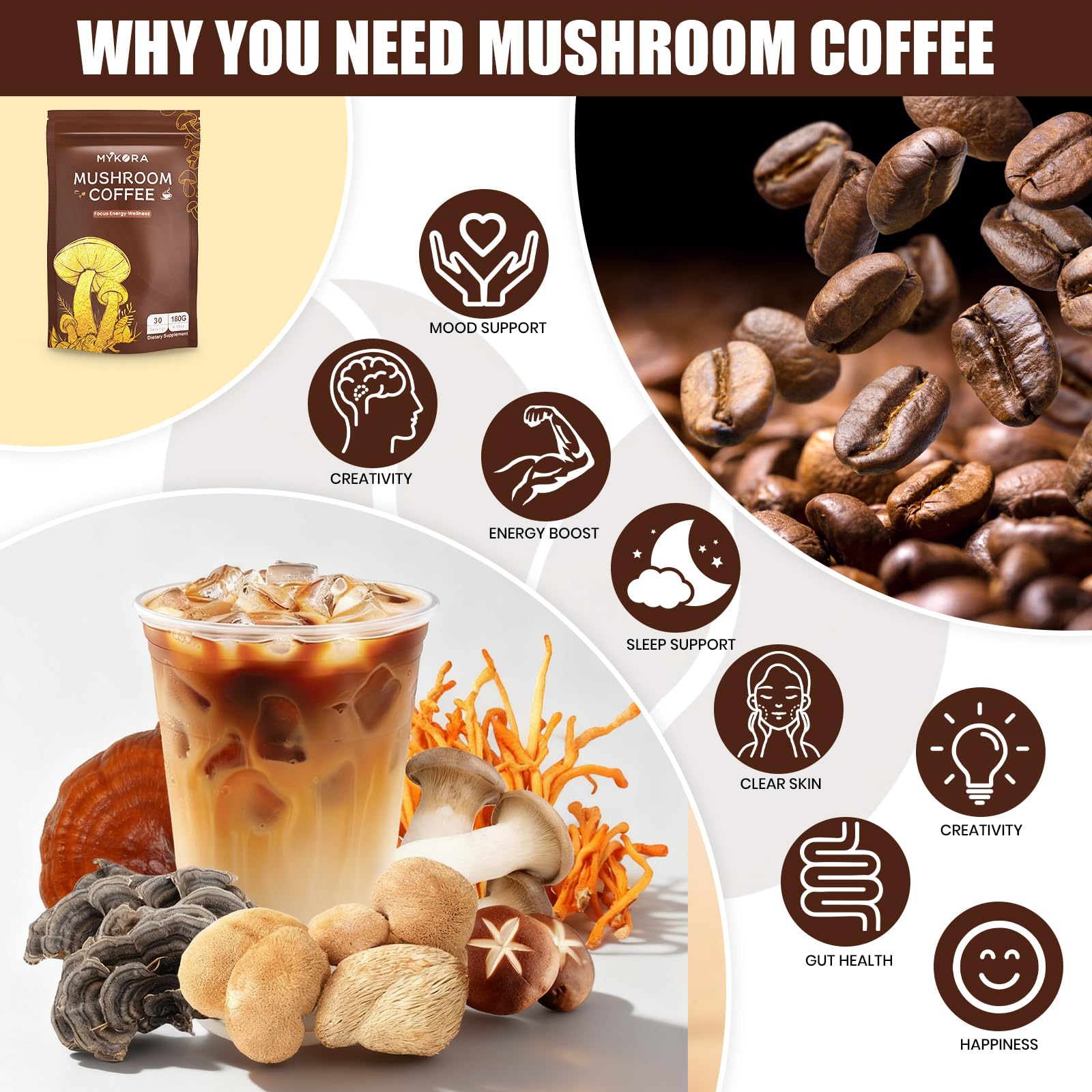 MYKORA Mushroom Coffee being dispensed into a mug for quick brew.