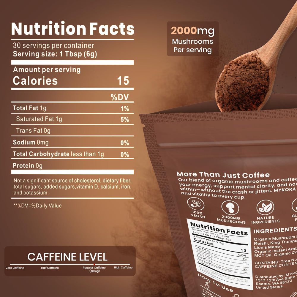 MYKORA Mushroom Coffee measured scoop showing convenient daily dose for steady energy.