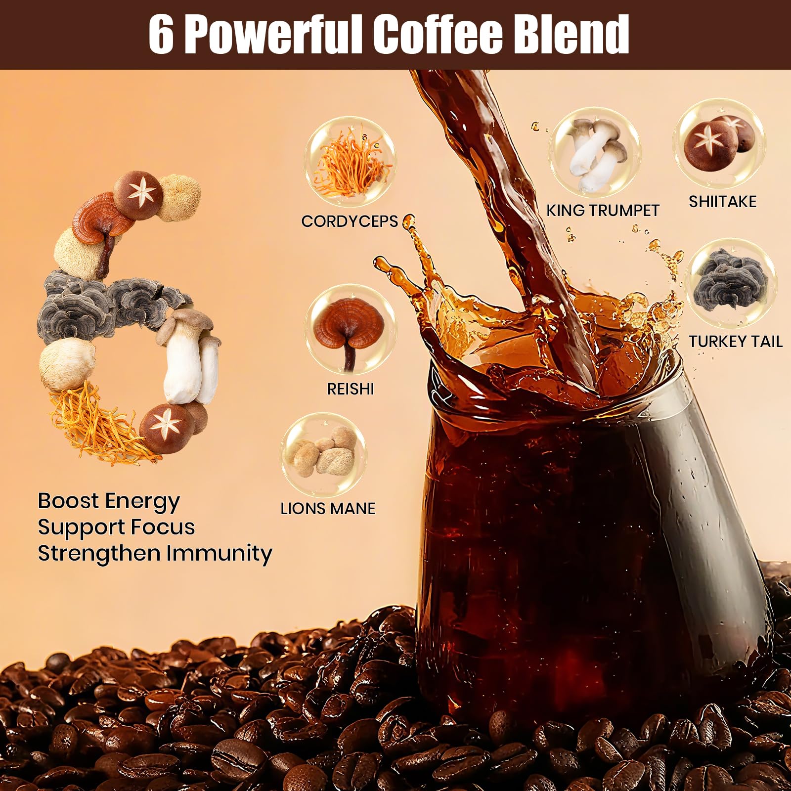 MYKORA Mushroom Coffee steaming cup with rich aroma and smooth texture.