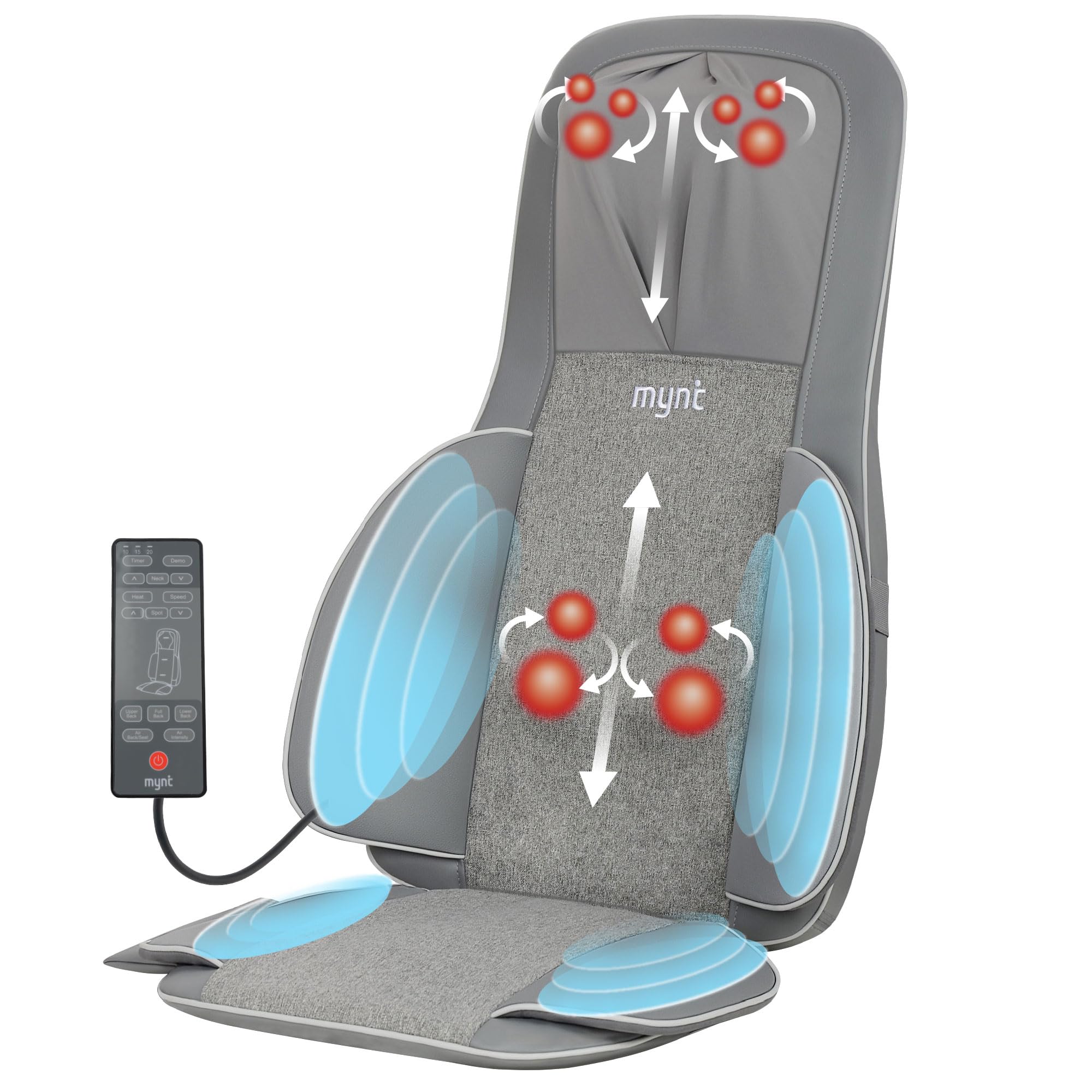 Mynt neck-back massager on a chair provides portable in-seat relief.