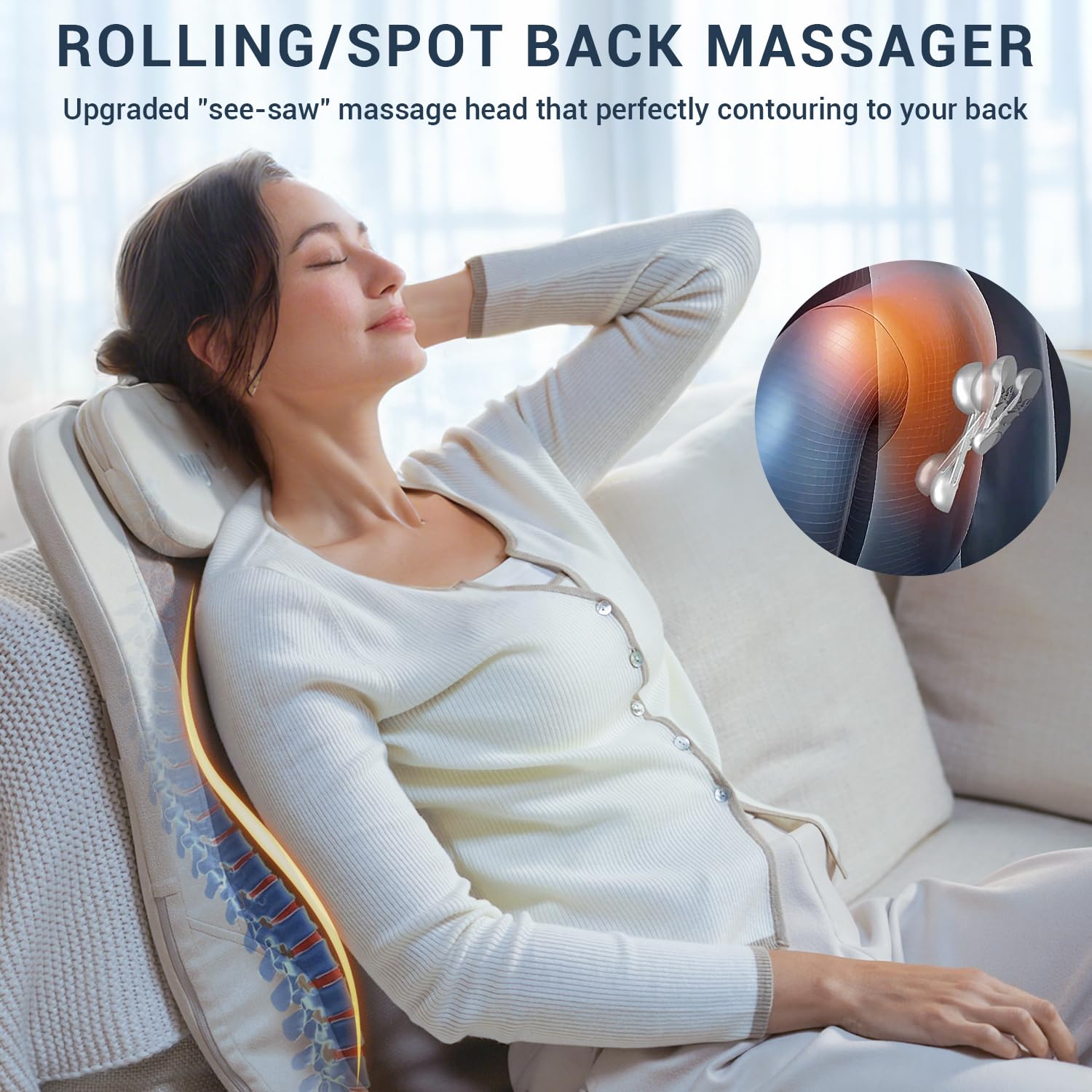 Mynt see-saw massage head demonstrates adaptive coverage for tense spots.