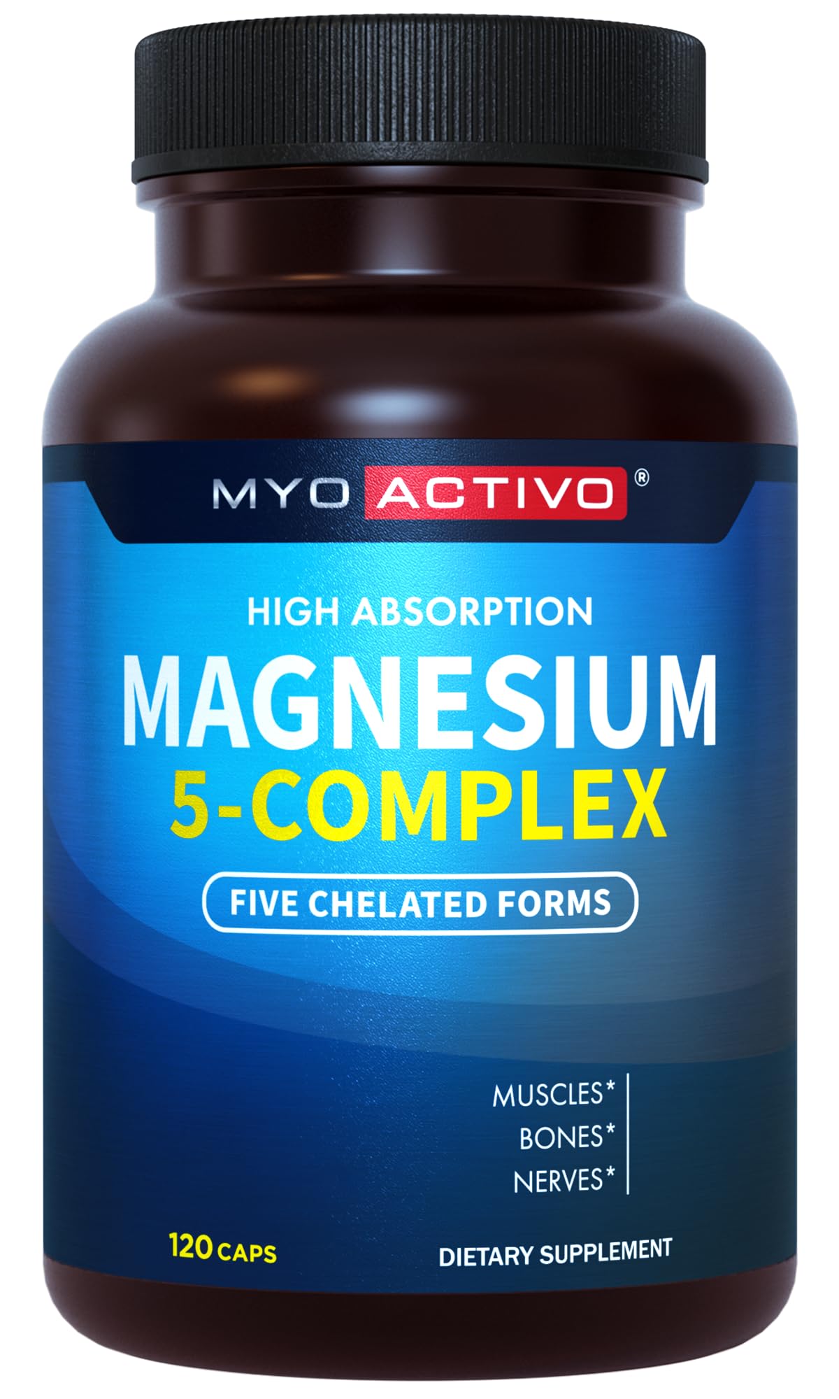 MyoActivo 5-in-1 magnesium bottle front, high absorption for daily wellness.
