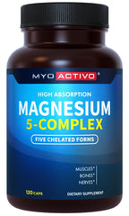 MyoActivo 5-in-1 magnesium bottle front, high absorption for daily wellness.
