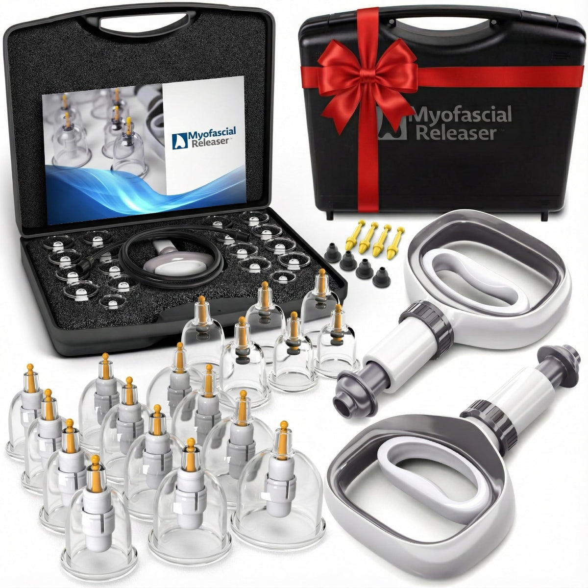 Myofascial Releaser professional cupping set with 18 cups for versatile therapy sessions.
