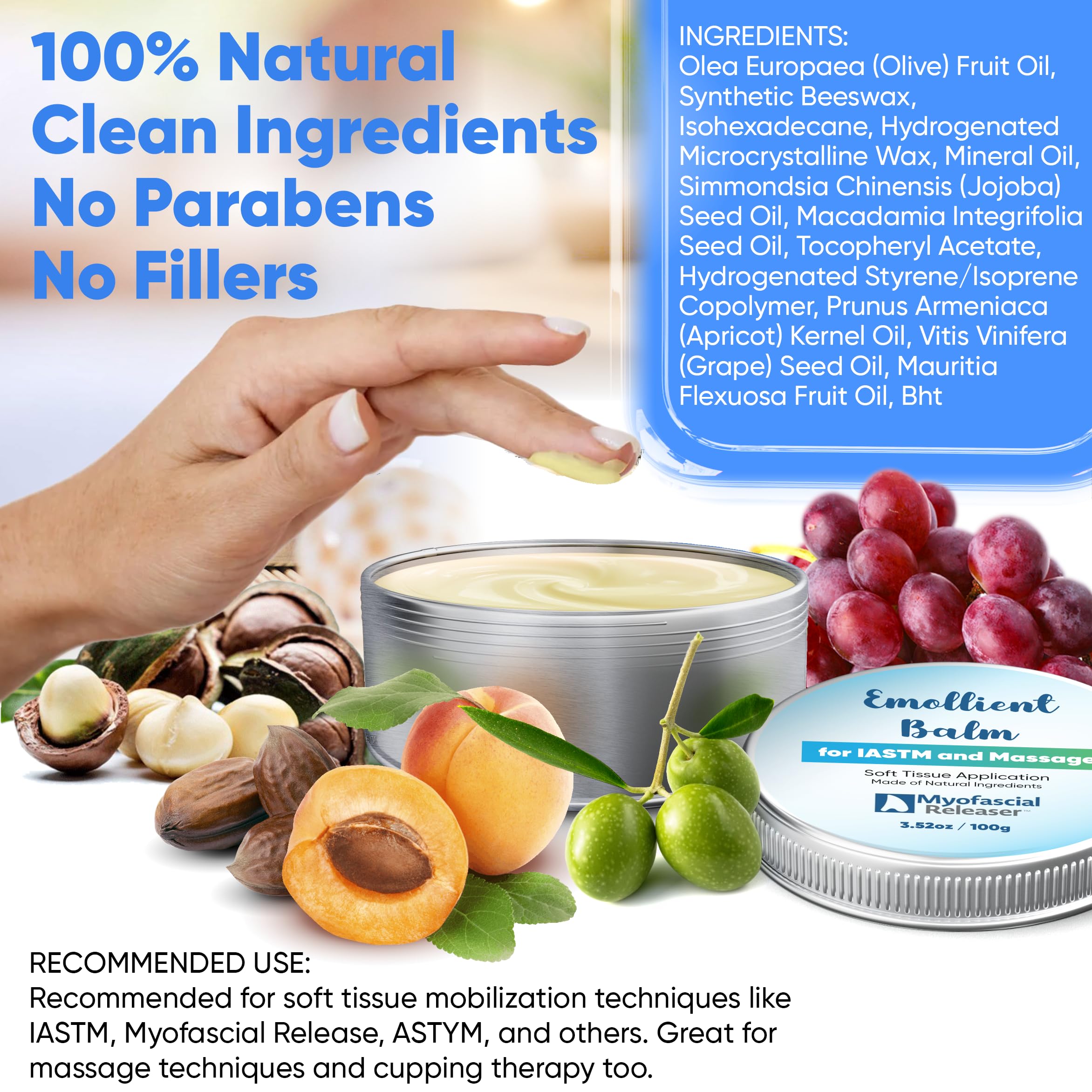 Myofascial Releaser Balm with natural oils nourishes skin during therapy.