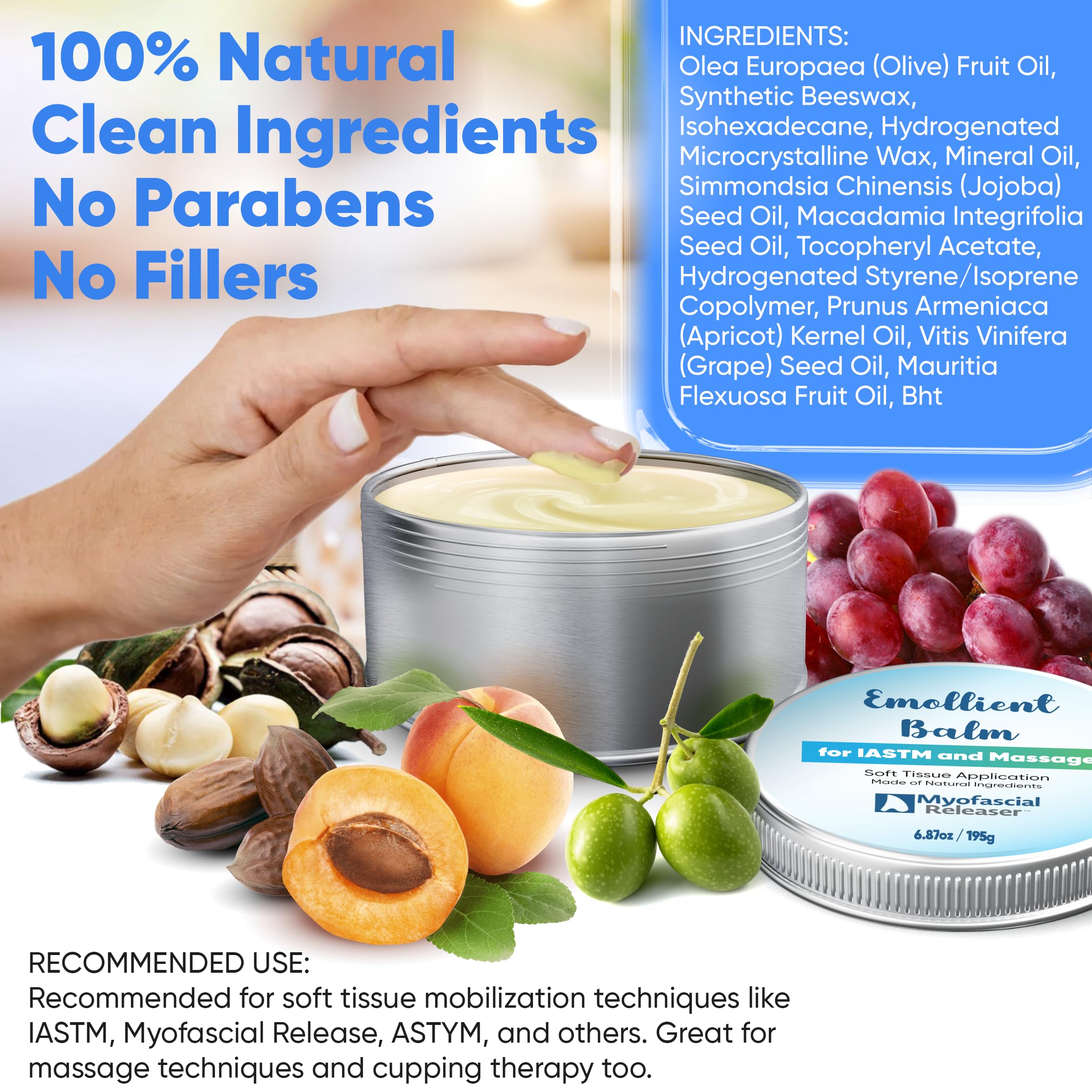 Myofascial Releaser emollient balm jar shows luxurious glide with olive and jojoba oils during therapy.