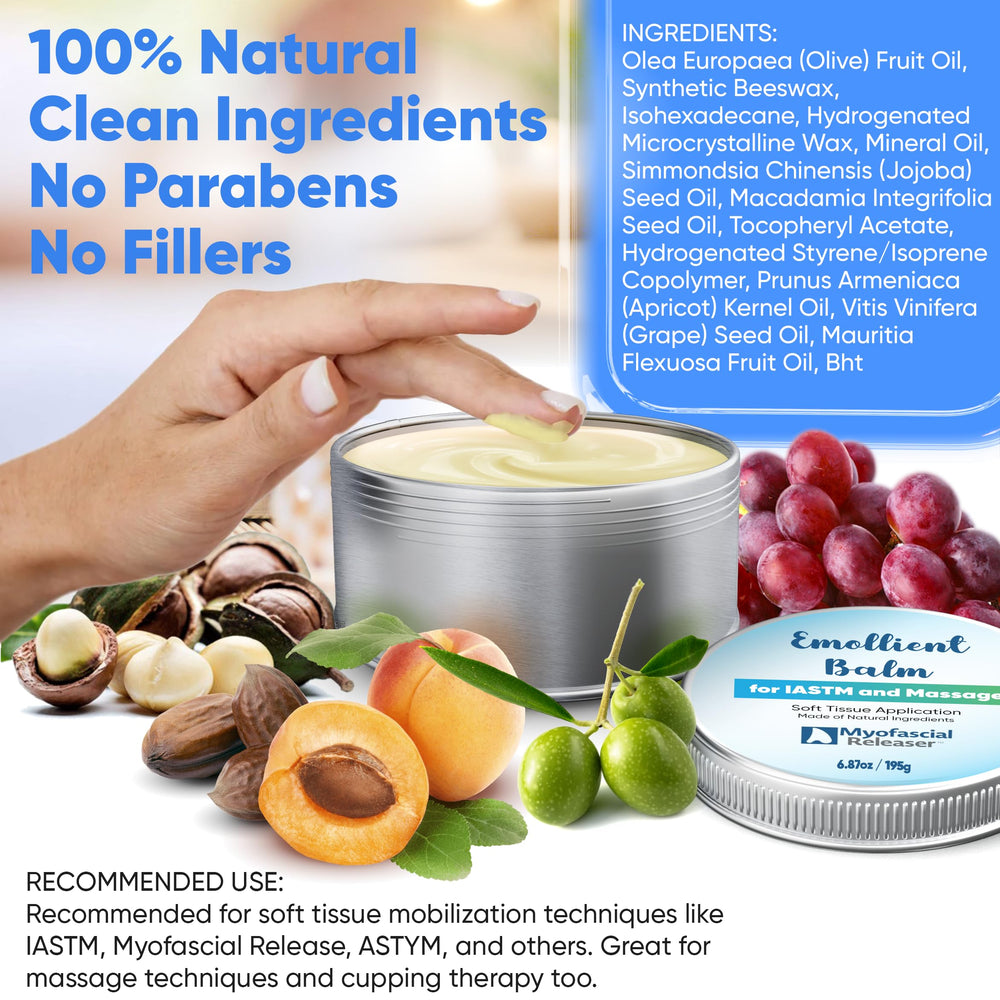 Myofascial Releaser emollient balm jar shows luxurious glide with olive and jojoba oils during therapy.
