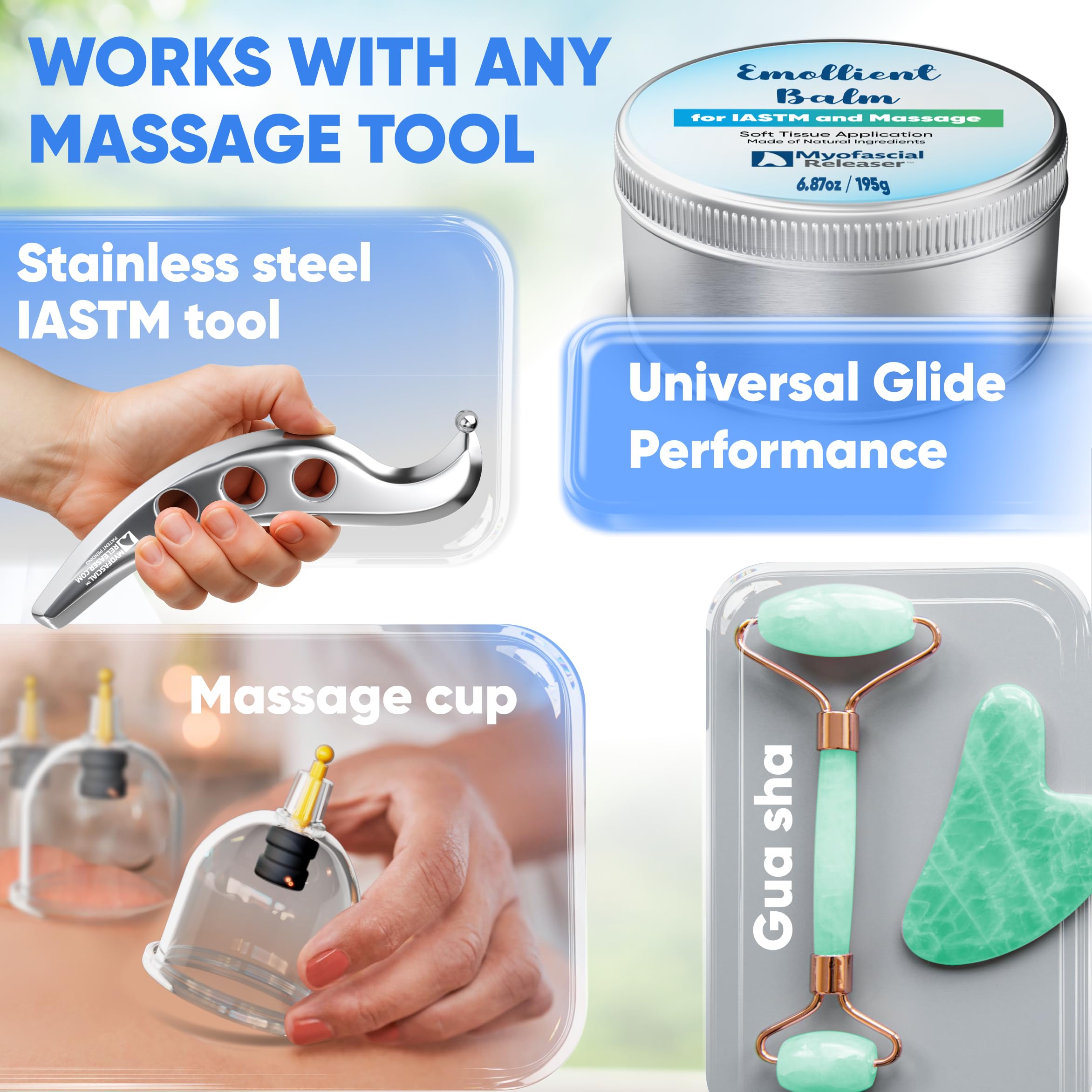 Myofascial Releaser Packaging highlights natural oils and unscented formula for sensitive skin.