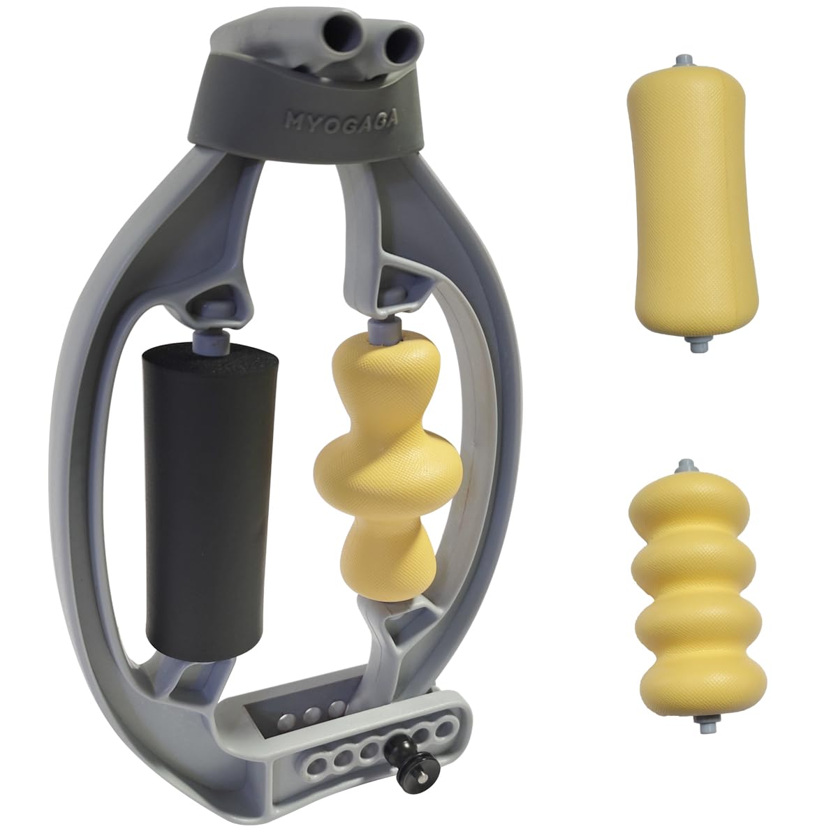 Myogaga three replaceable massage rollers in action for versatile relief.
