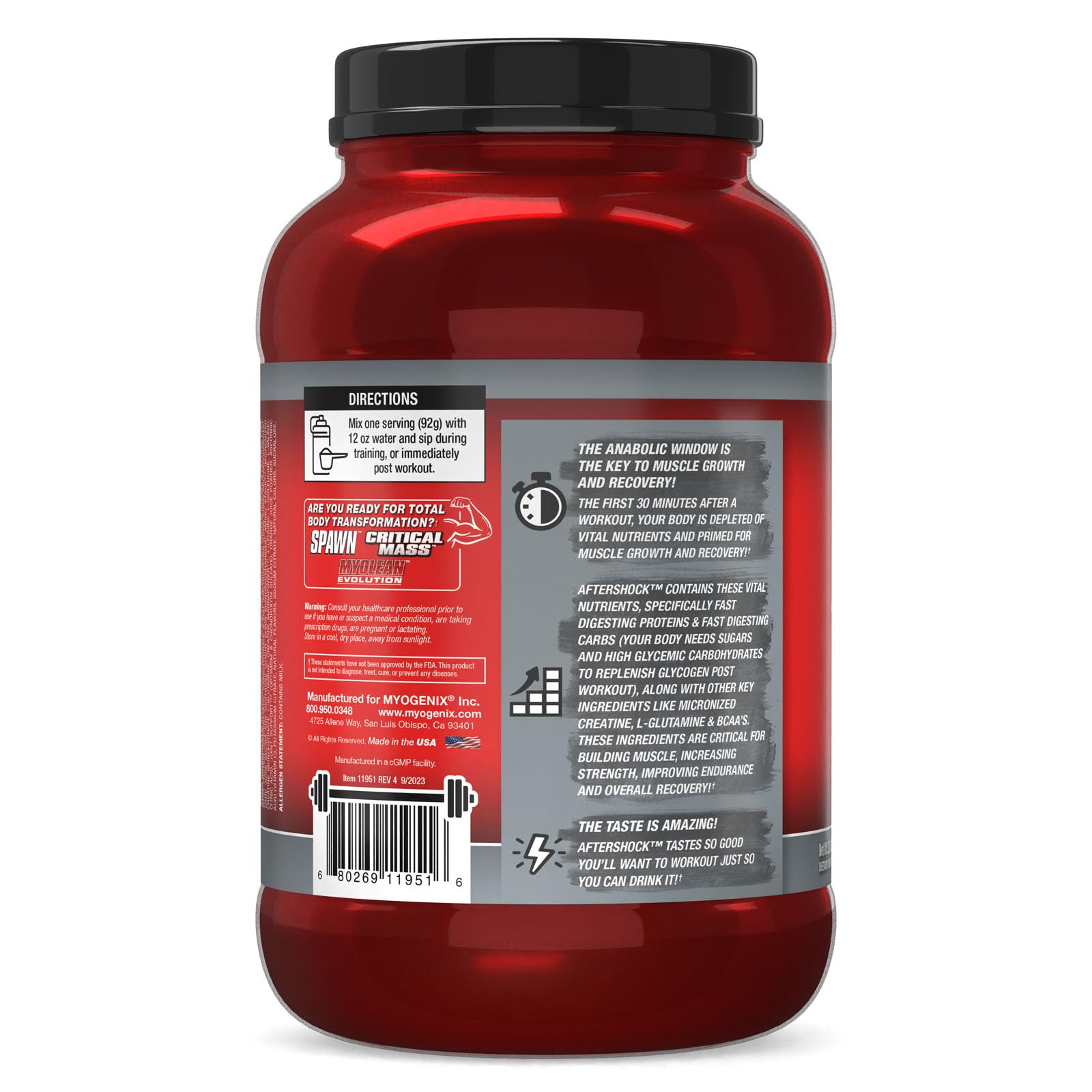 Myogenix Aftershock nutrition facts label emphasizing balanced protein and carbs