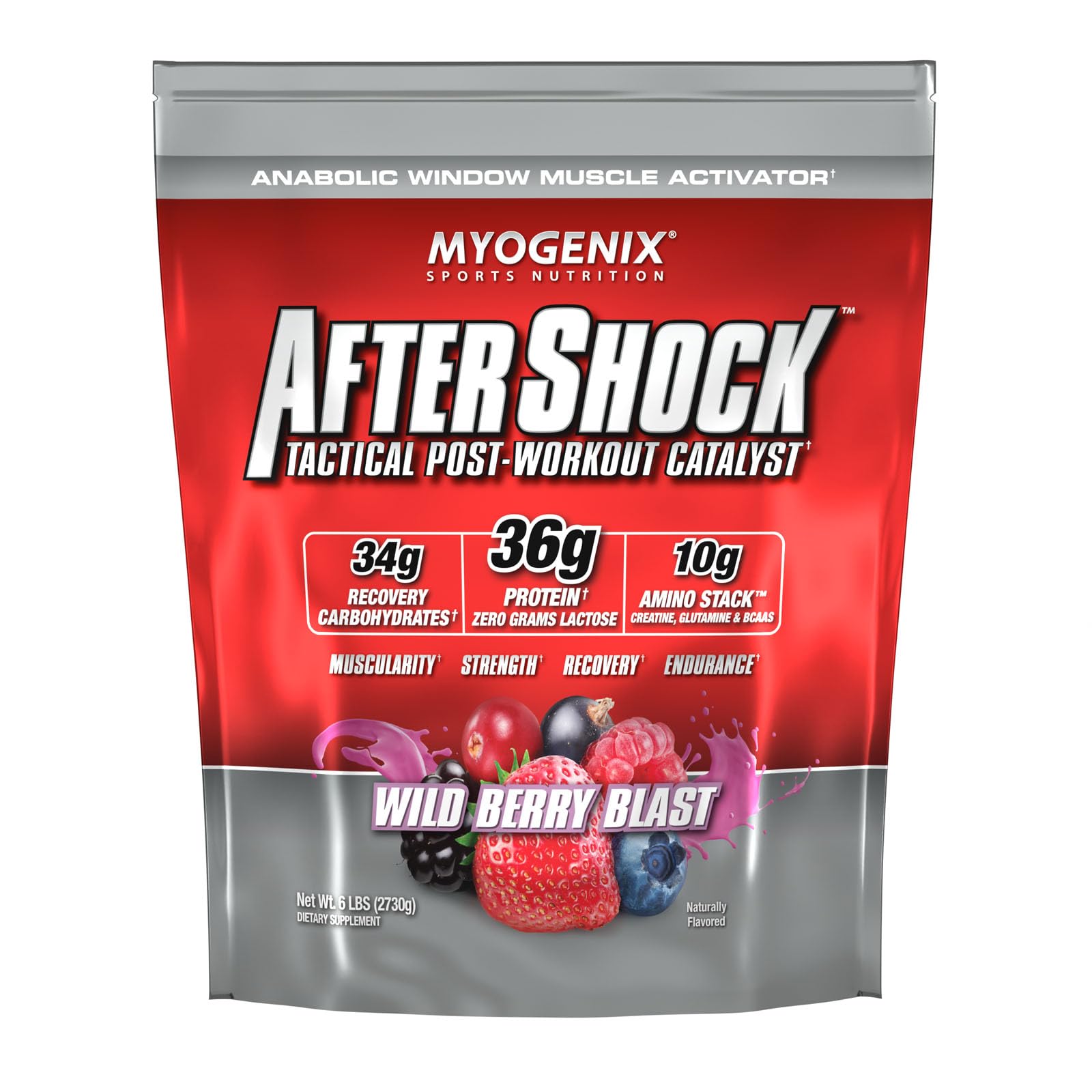Myogenix Aftershock Wildberry Blast bottle for post-workout recovery and glycogen support