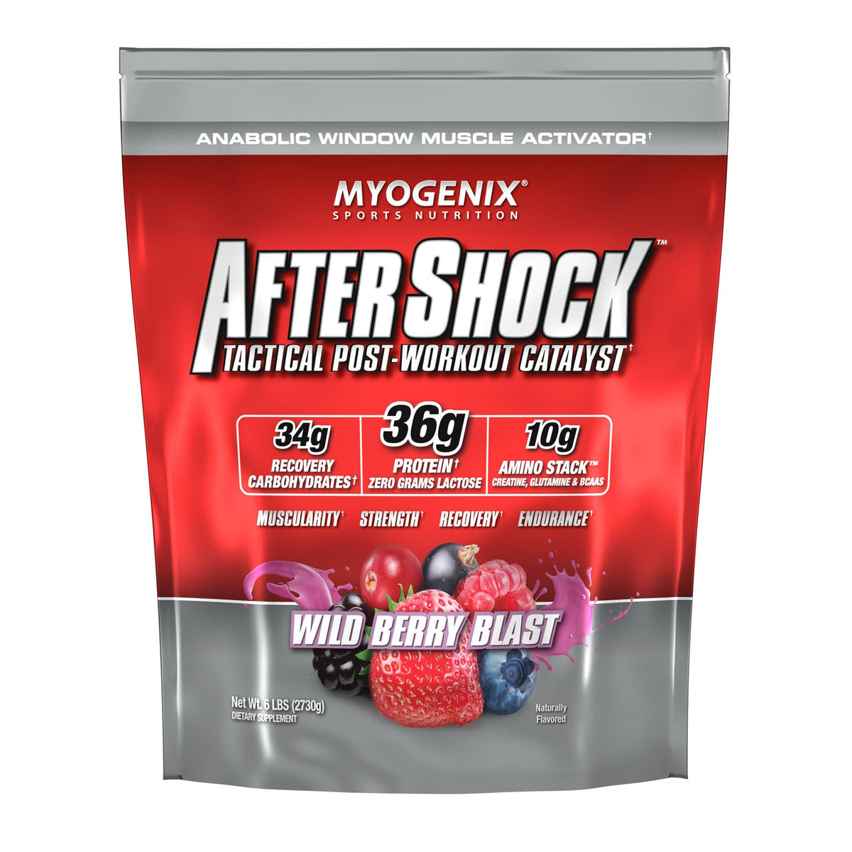 Myogenix Aftershock Wildberry Blast bottle for post-workout recovery and glycogen support