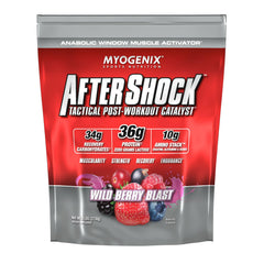 Myogenix Aftershock Wildberry Blast bottle for post-workout recovery and glycogen support