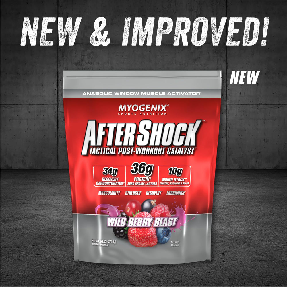 Myogenix Aftershock scoop poured for a quick recovery shake