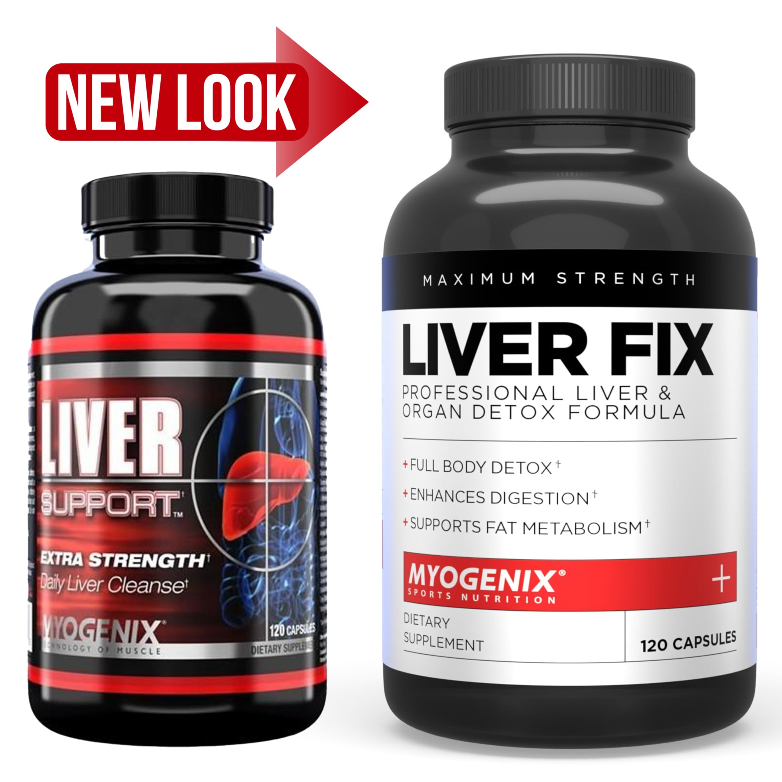 Myogenix Liver Fix bottle front view, highlighting easy-to-swallow capsules for daily liver care.
