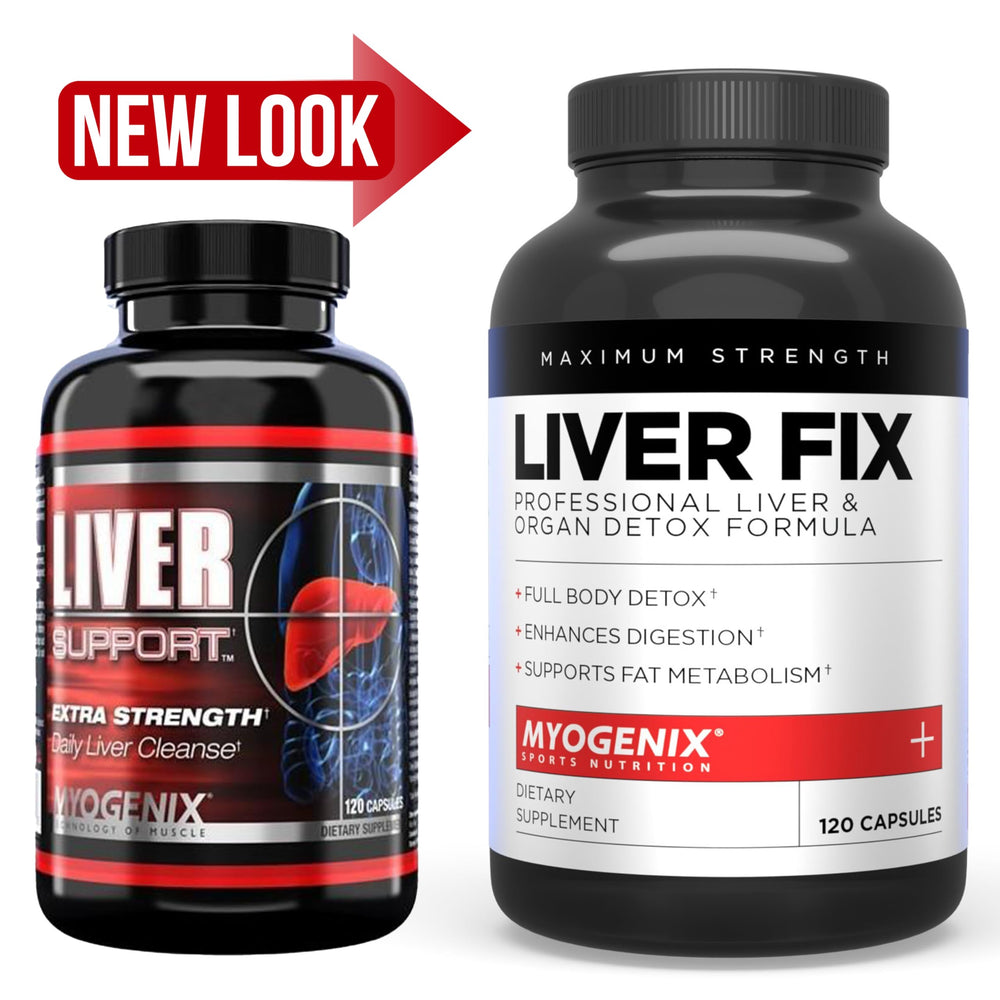 Myogenix Liver Fix bottle front view, highlighting easy-to-swallow capsules for daily liver care.