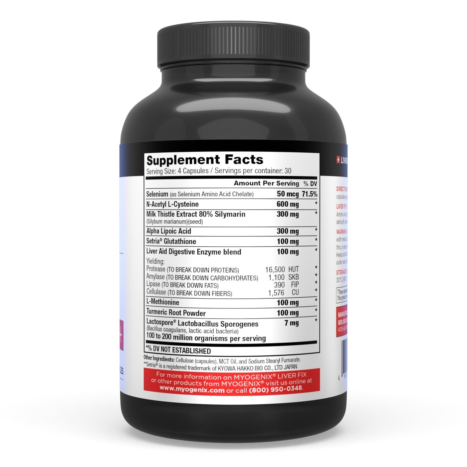Myogenix Liver Fix ingredients display with NAC and silymarin for liver health.
